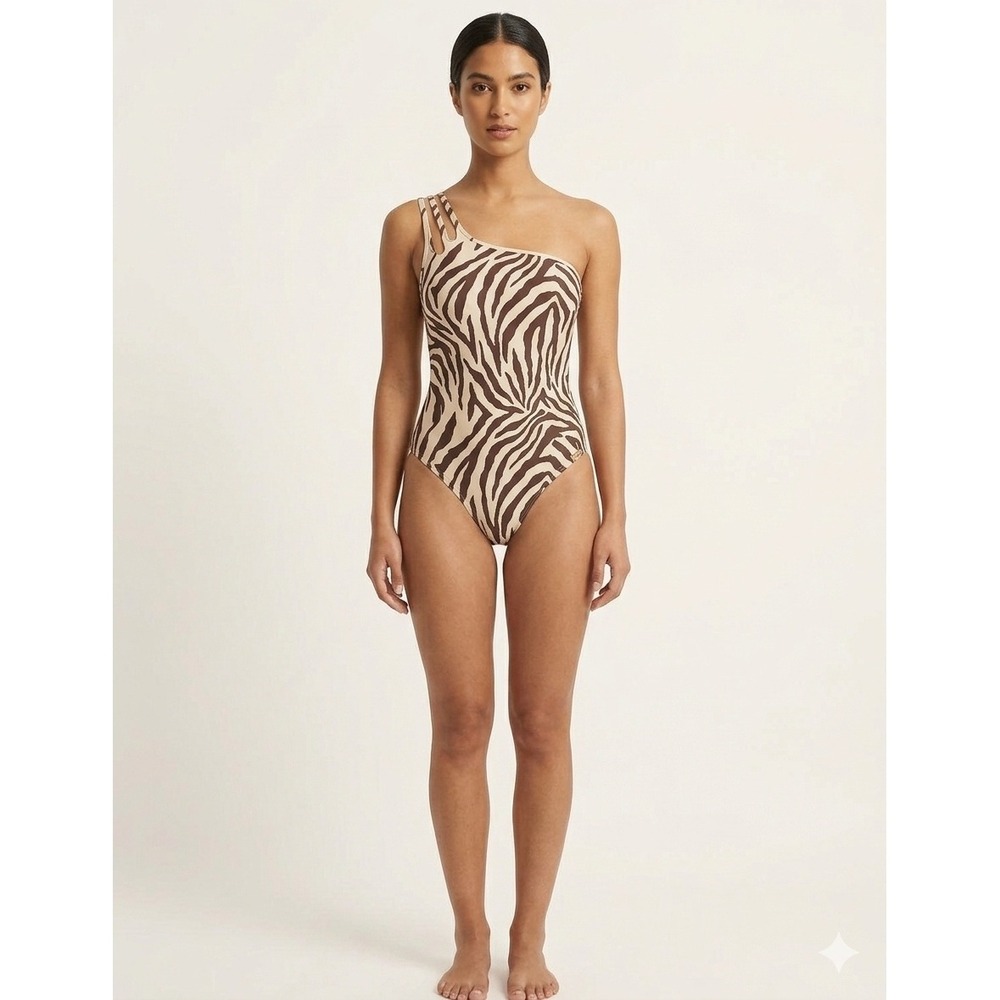 Cupshe One Piece Swimsuit Brown Zebra Print One Shoulder Cutout - XL